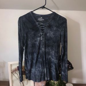 Lace Up Blue Long Sleeve Shirt - AMERICAN EAGLE